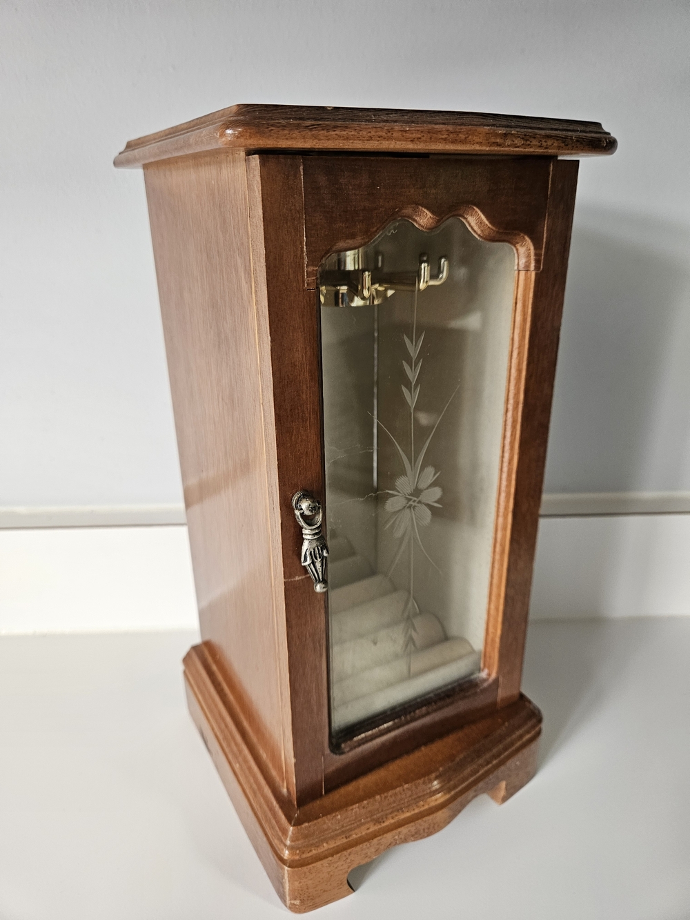 VINTAGE Wood Armoire Jewelry Box Etched Flower Glass Door